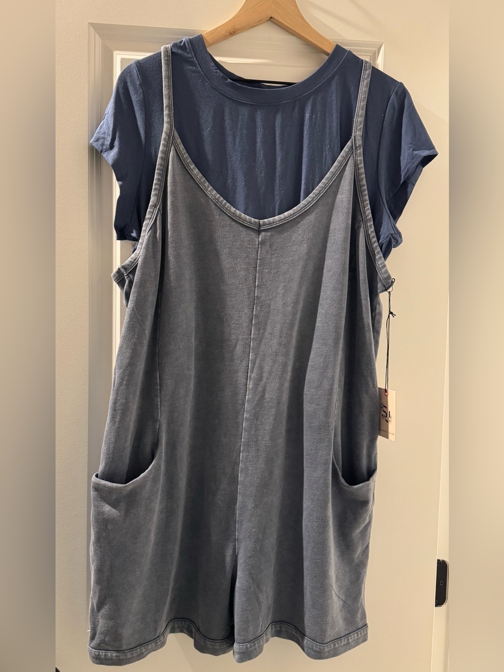 Sincerely Jules Slate Gray Tank Jumpsuit Over Navy Tee